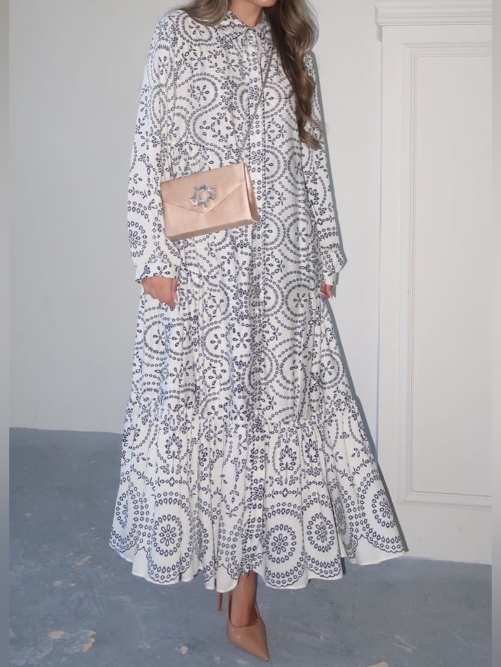 Boho Maxi Button Down Shirt Dress in White with Navy Print with Long Sleeves